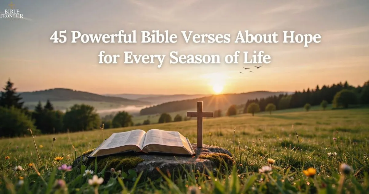 Bible Verses About Hope with an open Bible, sunrise, faith, peace, and God's promises