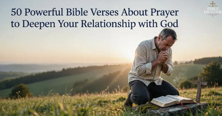 Bible Verses About Prayer with an open Bible and believer seeking God through faithful prayer