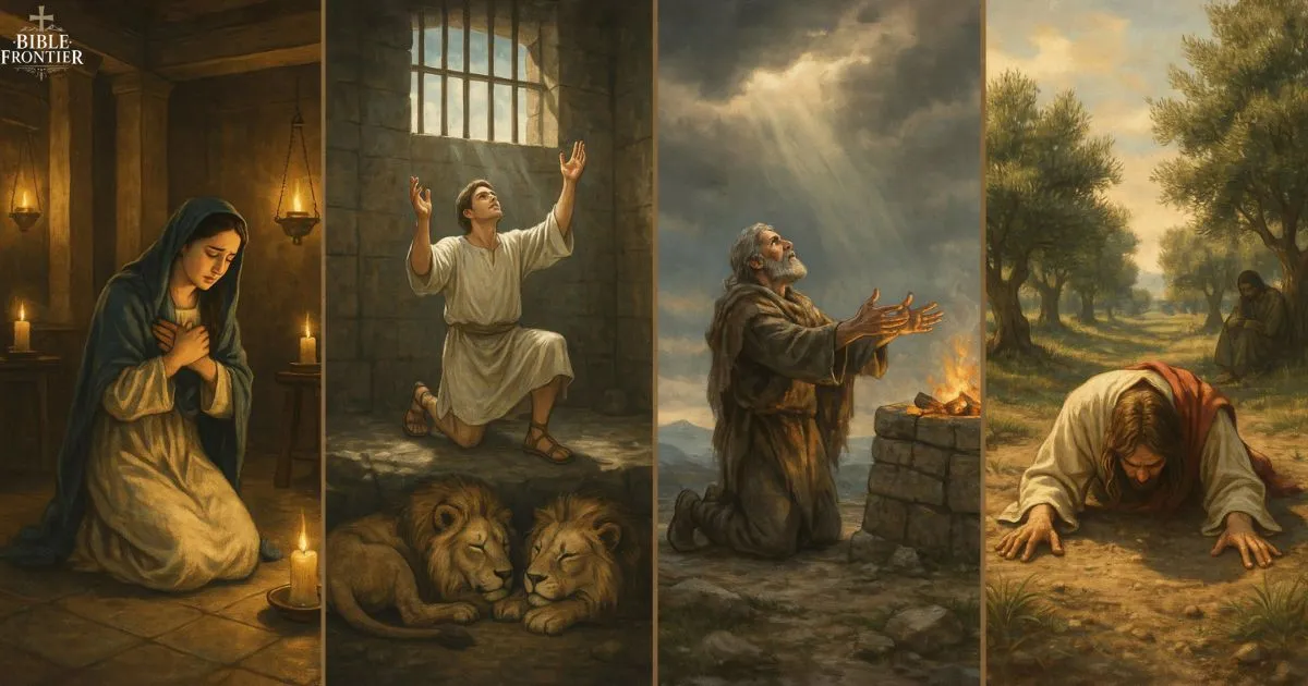 Bible Verses About Prayer illustrated through Hannah, Daniel, Elijah, and Jesus praying