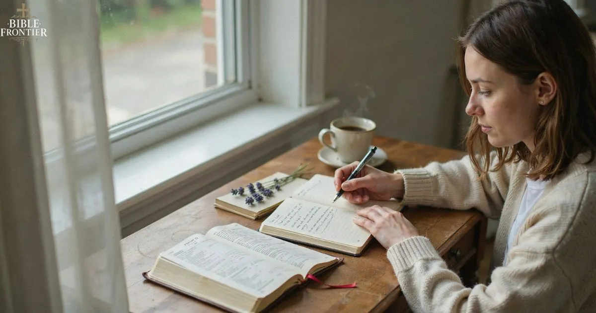 Person journaling beside an open Bible, applying faith scriptures to everyday decisions