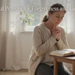 Christian praying beside an open Bible, representing Prayers for Forgiveness and God’s grace