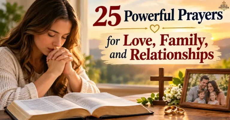 Person praying with Bible, wedding ring, and family photo for Prayers for Love