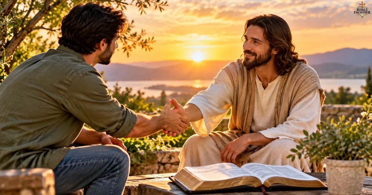 Two people reconciling through forgiveness, grace, and peaceful conversation