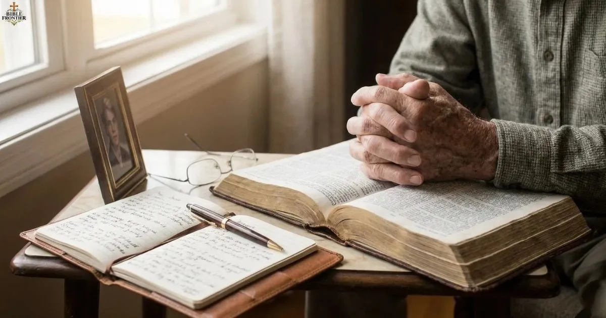 Folded hands beside an open Bible and notebook during a personal prayer for healing.