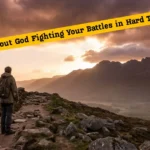 A person facing a rocky path as golden sunlight breaks through dark clouds, symbolizing faith during hard times.