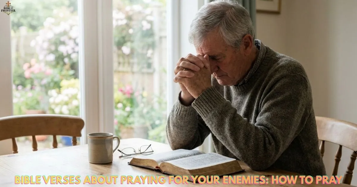 A Christian praying beside an open Bible while seeking guidance about praying for enemies.