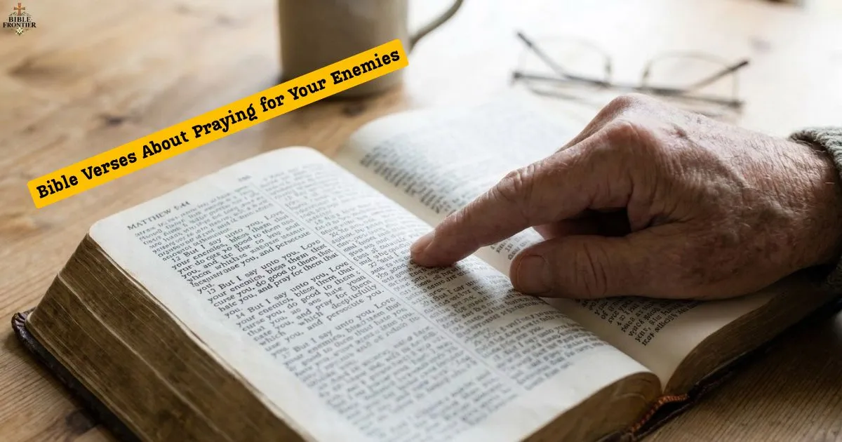 Bible verses about praying for your enemies, shown in an open Bible being read by hand.