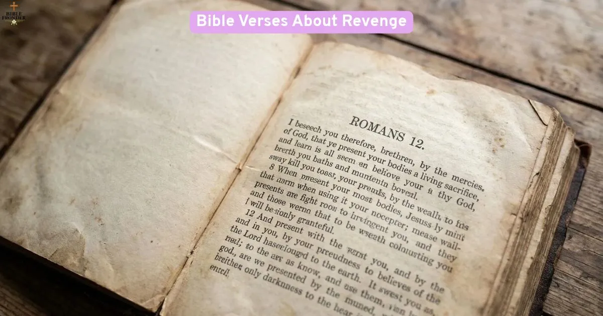 Bible verses about revenge, showing an open Bible with Romans 12 on overcoming evil with good.