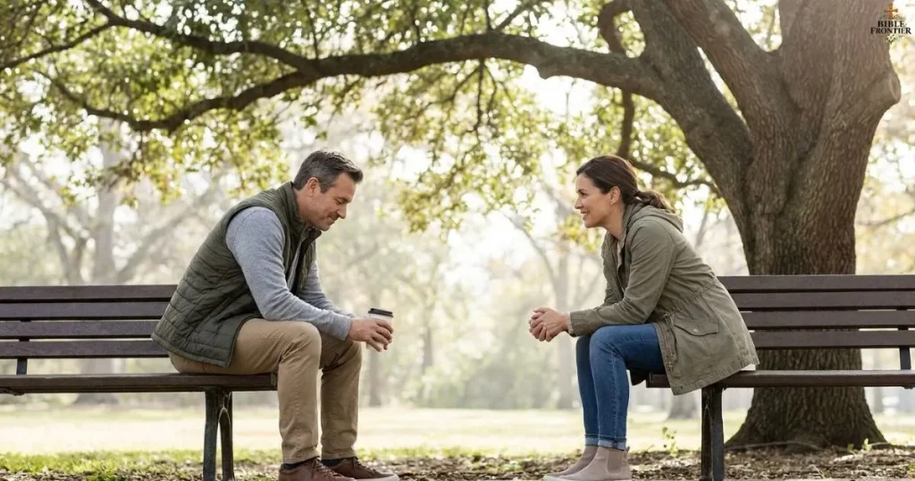Two people speaking calmly with respectful distance, representing forgiveness and healthy boundaries.