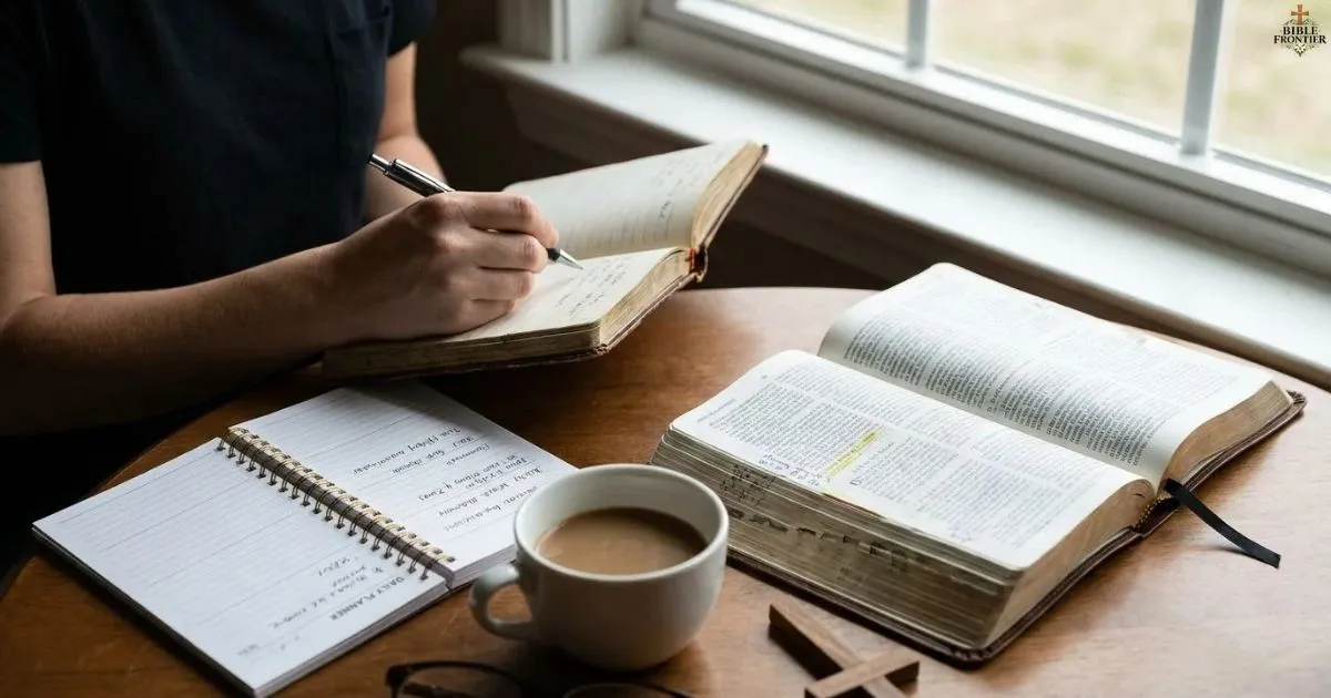 A person planning next steps in a notebook beside an open Bible and a pen.