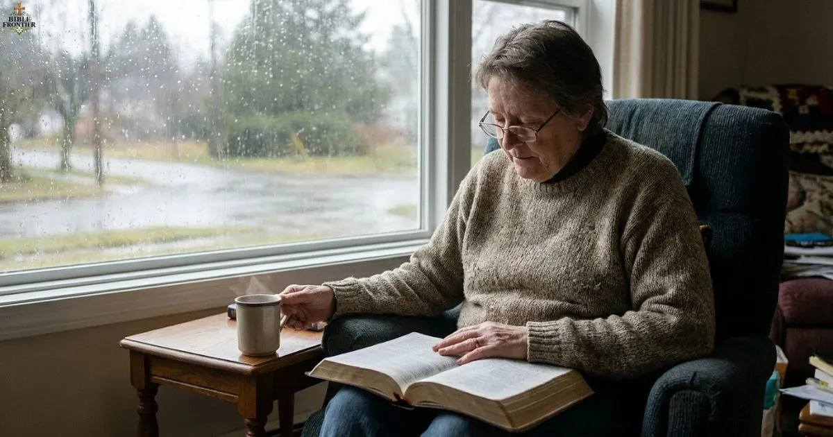 A person reading an open Bible beside a rain-covered window during a difficult season.