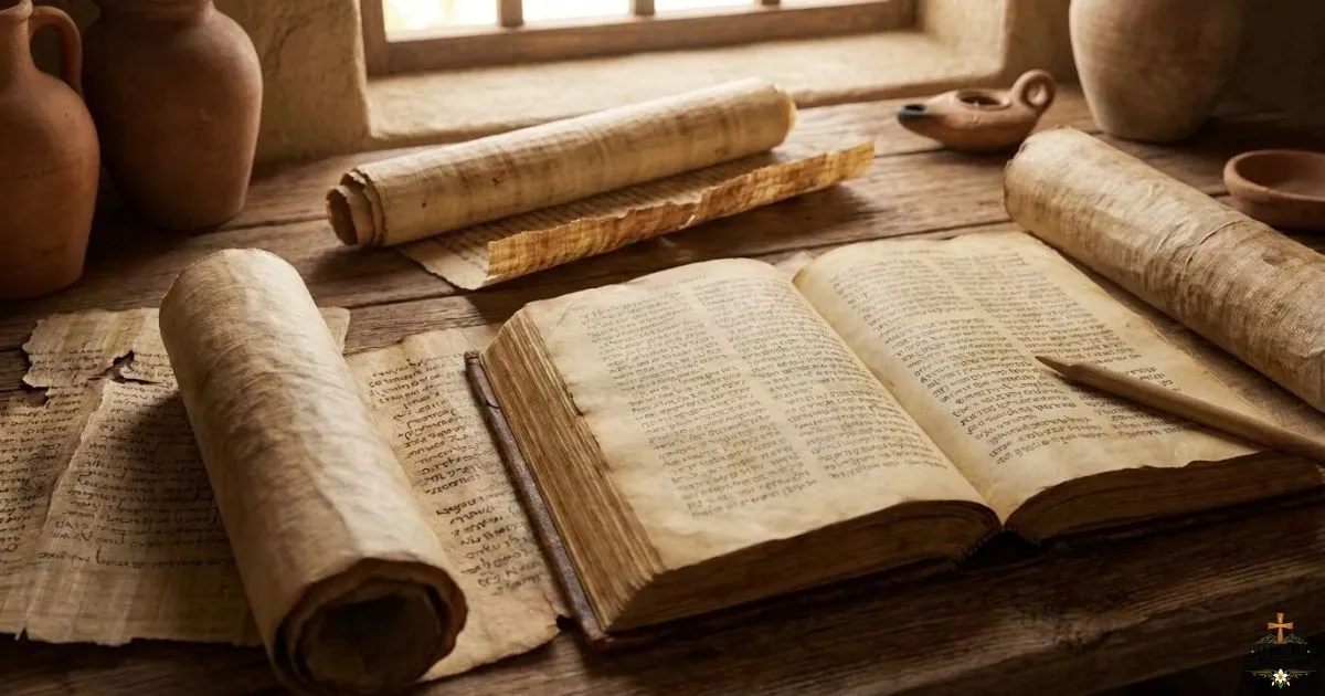 Biblical manuscripts representing the four Gospel accounts of Jesus’ life and identity.
