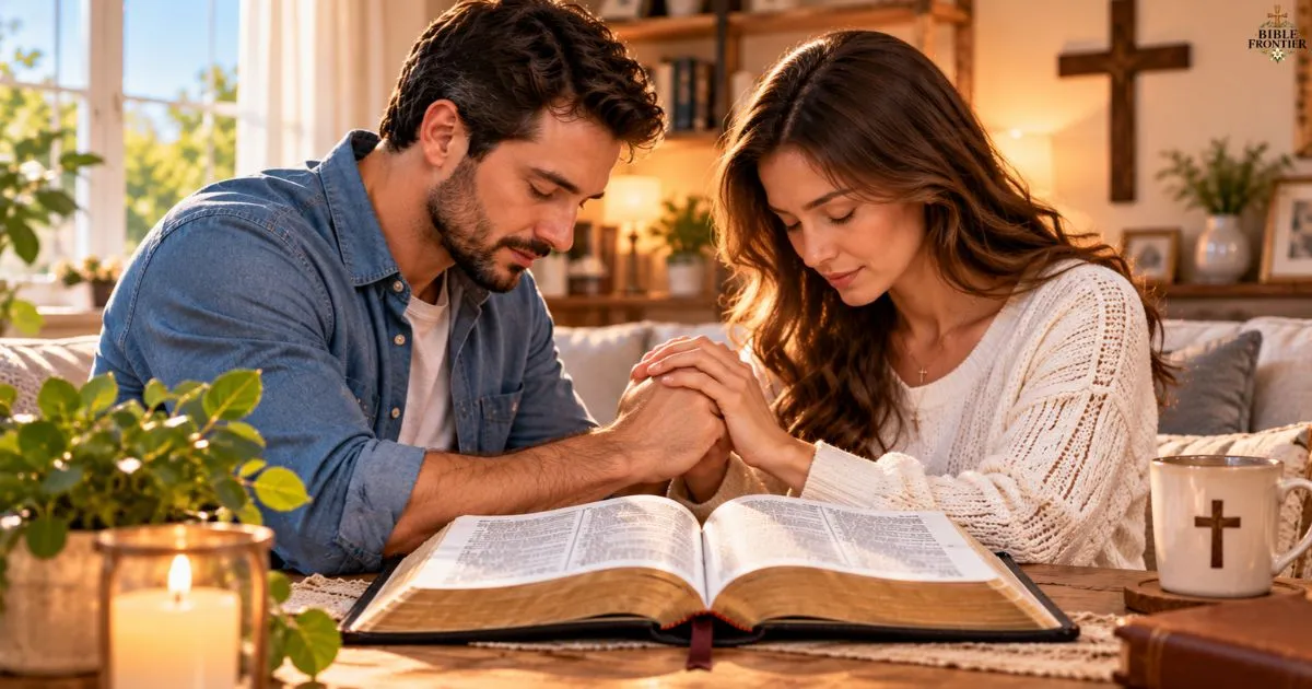 Married couple holding hands and praying together in faith