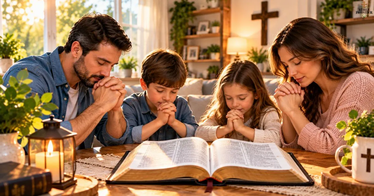 Family praying together around an open Bible through faith