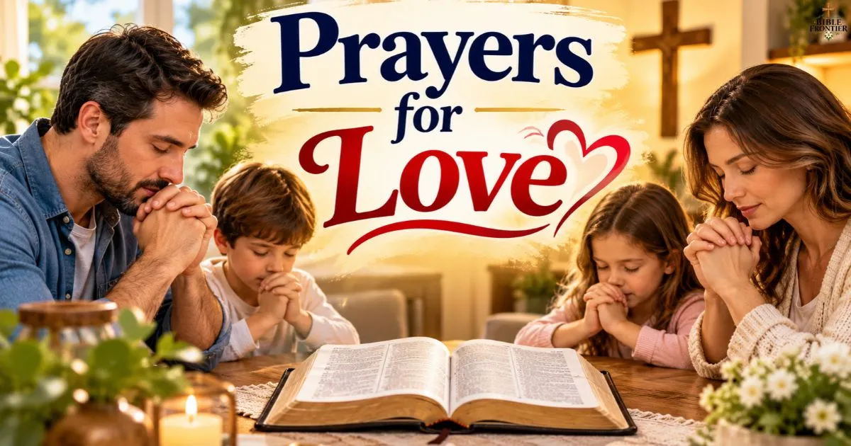 Family praying together around a Bible with Prayers for Love