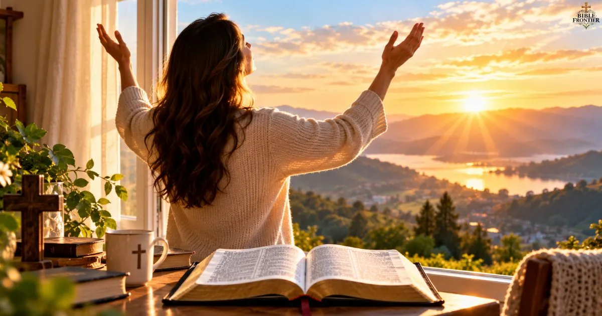 Christian praying at sunrise and beginning the day with faith and hope