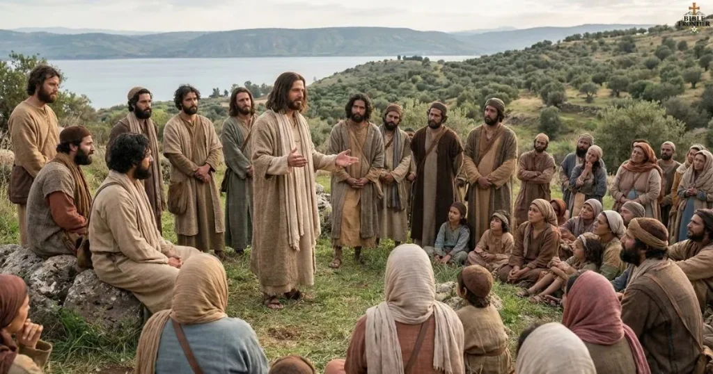 Jesus teaching a gathered crowd outdoors about responding to others with love and mercy.