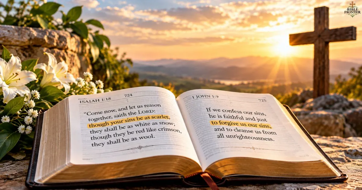 Open Bible with a cross and warm light representing biblical forgiveness and God’s grace