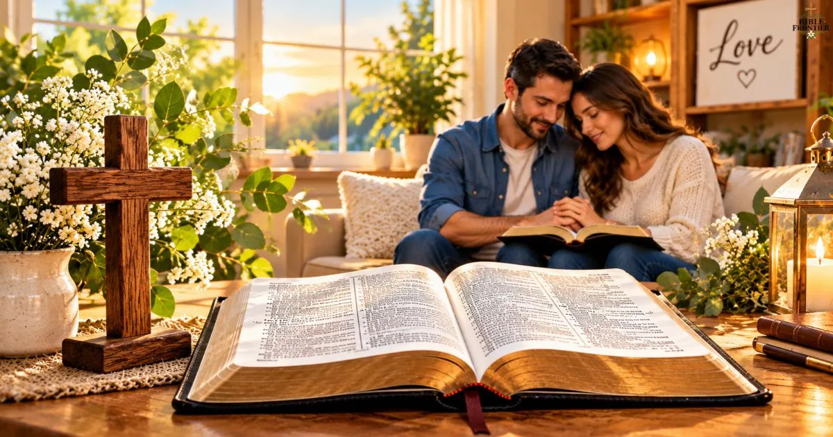 Open Bible beside a couple reflecting on biblical love and relationships