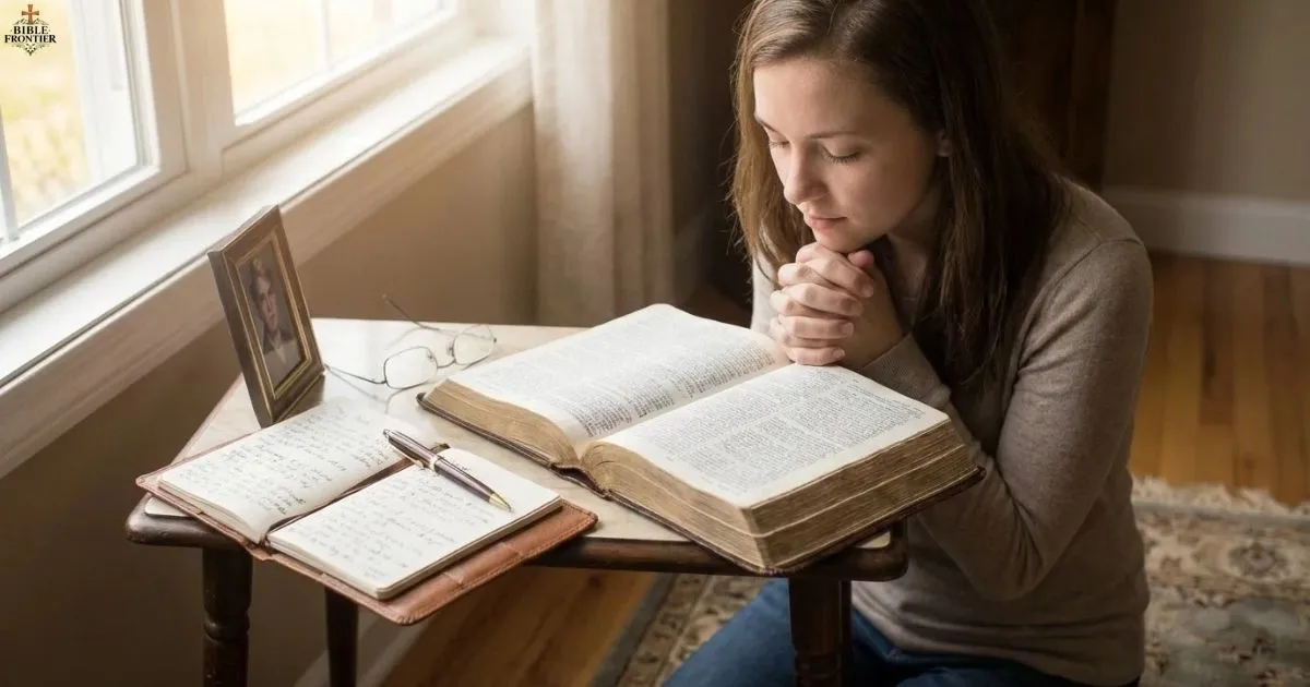 A person kneeling beside a Bible and praying for wisdom, peace, and an enemy's growth.