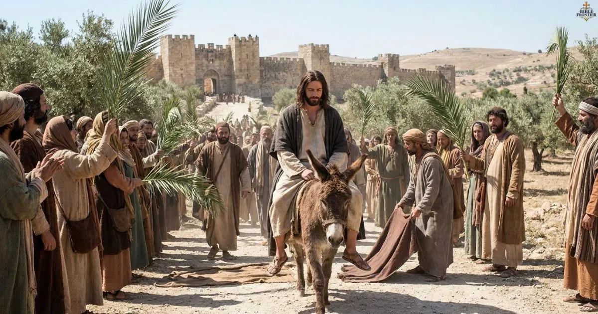 Jesus enters Jerusalem on a donkey as people welcome Him with palm branches.